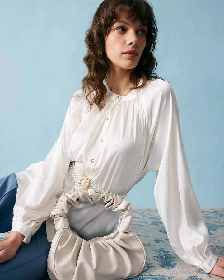 The Pleated Raglan Sleeves Satin Blouse by RIHOAS clothing