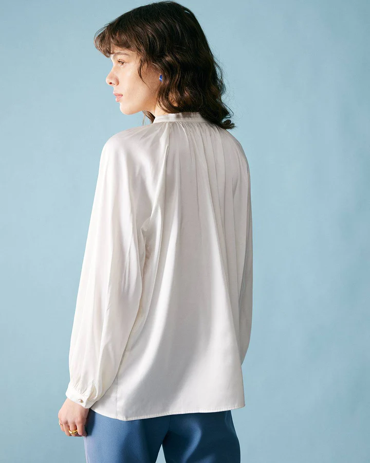 The Pleated Raglan Sleeves Satin Blouse by RIHOAS clothing