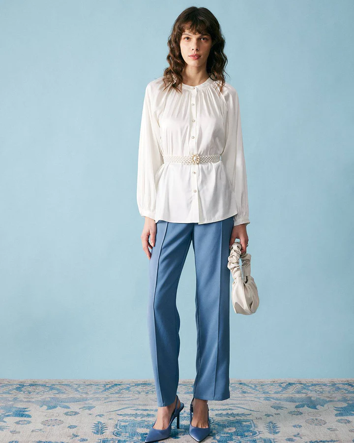 The Pleated Raglan Sleeves Satin Blouse by RIHOAS clothing