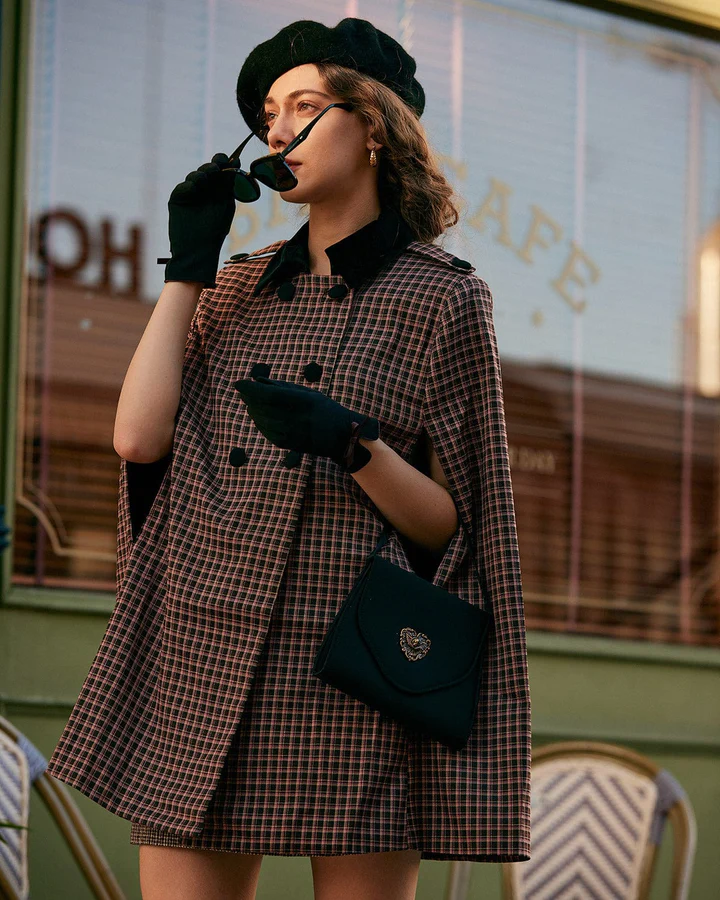 Double-breasted Plaid Cape Coat by RIHOAS clothing