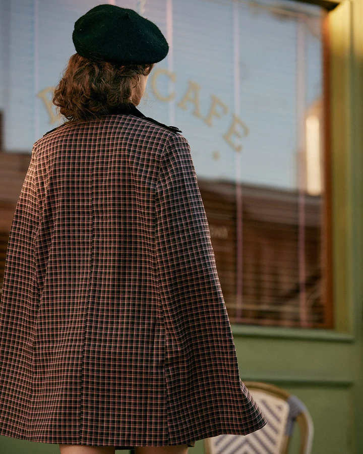 Double-breasted Plaid Cape Coat by RIHOAS clothing