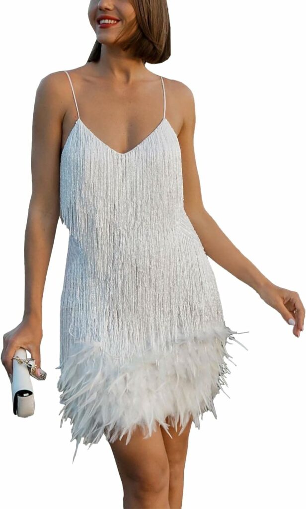 HAHAEMMA Womens Dress Halterneck Tassel 1920s Fringe Dress with Halter Great Gatsby Cocotail Party Flapper Dresses Fancy Dress Fringe Womens Costume Dress