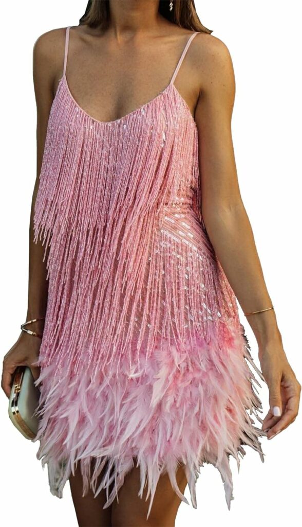 HAHAEMMA Womens Dress Halterneck Tassel 1920s Fringe Dress with Halter Great Gatsby Cocotail Party Flapper Dresses Fancy Dress Fringe Womens Costume Dress