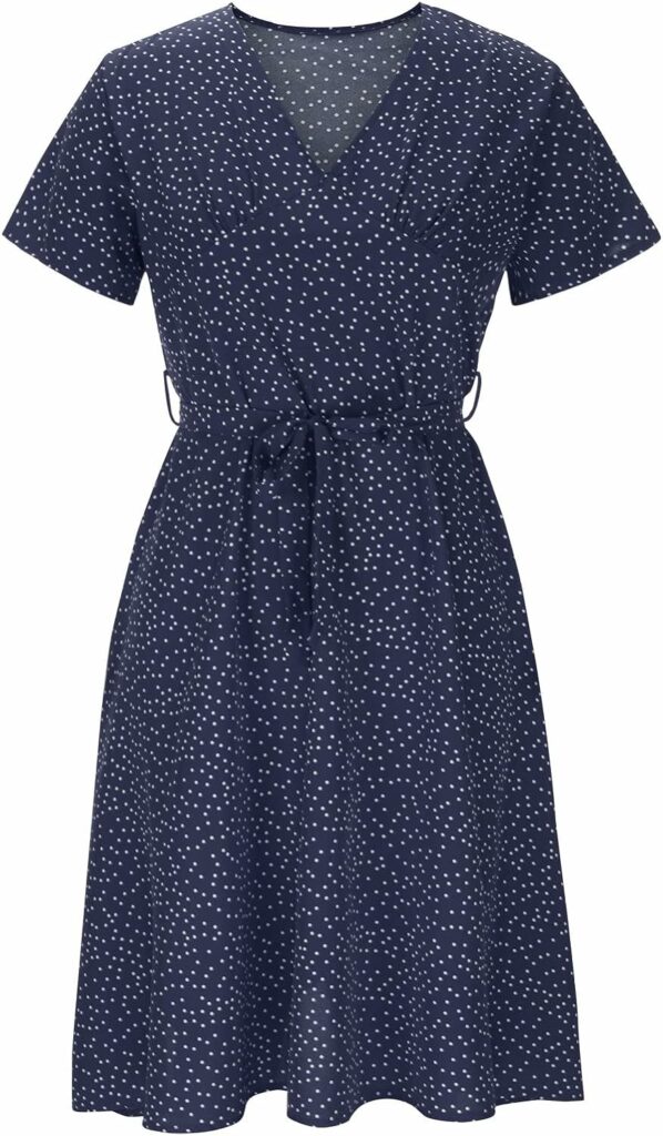 Womens Retro Summer Midi Dresses Polka Dot Printed V Neck Short Sleeve Beach Party Dress High Waist A-Line Sun Dress